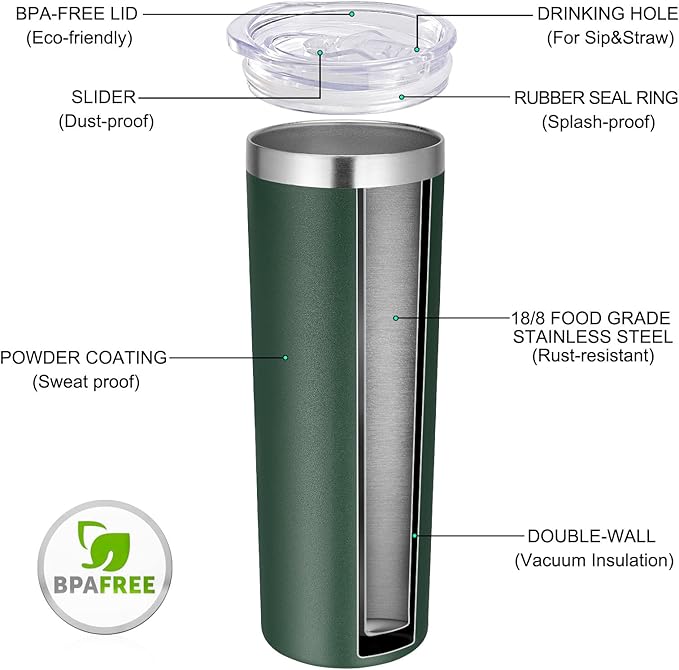 VEGOND Stainless Steel Skinny Tumbler, 20 oz Vacuum Insulated Tumbler with Lid and Straw, Double Wall Coffee Cup, Travel Mug for Cold Hot Drinks, Dark Green 1 Pack - Bloomnest