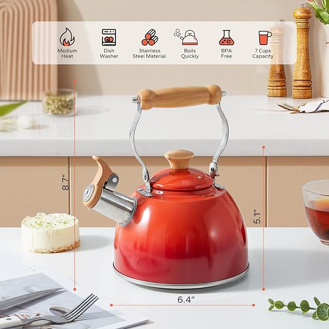 ROCKURWOK Tea Kettle, Tea Pot with Cool Touch Ergonomic Handle, Teapot Food Grade Stainless Steel, Tea Kettle Stovetop, Kettle Teapot, Whistling Tea Kettle, Small Tea Pot, 1.6 Quart (Red) - Bloomnest