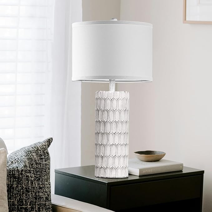 26" Farmhouse Table Lamps for Living Room Set of 2, Antique Traditional End Table Lamps for Bedroom Night Stand, White Shade Rustic Bedside Lamps with Grey-White Resin Body, Bulbs Included - Bloomnest