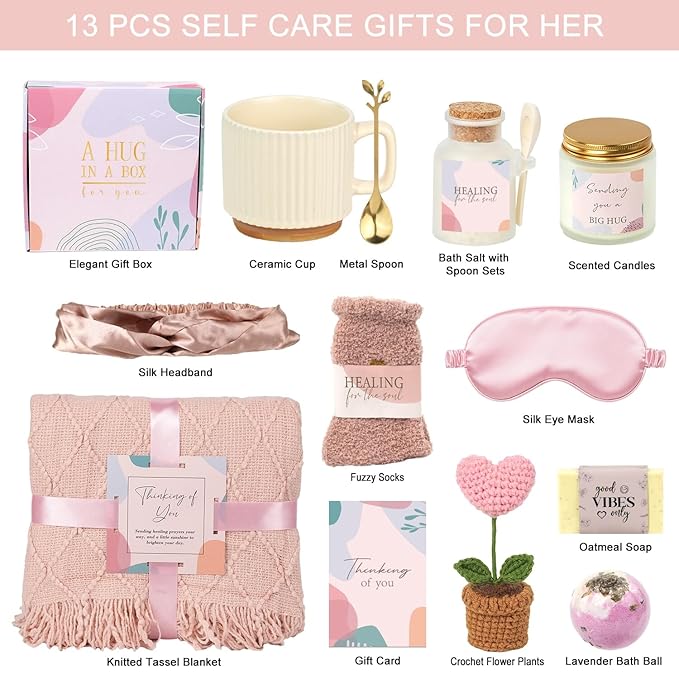 Valentines Day Spa Gifts Care Package for Women, Galentines Spa Gift Baskets for Woman, Get Well Gifts for Women After Surgery, Womens Self Care Thinking of You Gift, Relaxation Bath Sets for Woman