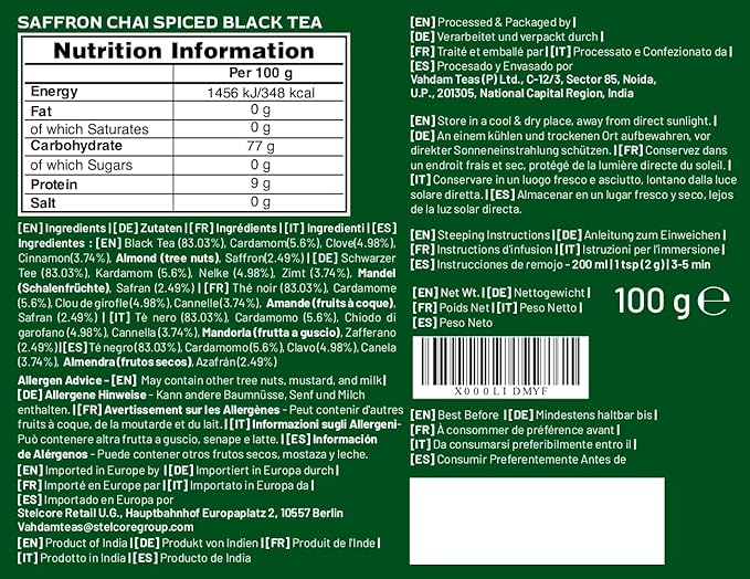 VAHDAM Saffron Spiced Chai (Loose Leaf, 50 Cups, 100g) | Black Tea with Cardamom, Cinnamon, Clove, Almond & Saffron | Enjoy Hot, Iced, or as a Chai Latte - Bloomnest