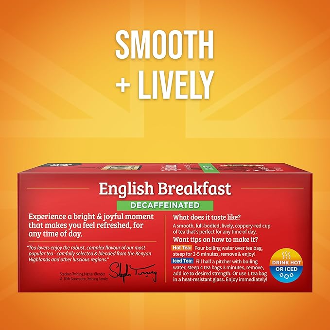 Twinings Decaffeinated English Breakfast Black Tea Individually Wrapped Bags, 100 Count (Pack of 1), Smooth, Flavourful Black Tea, Enjoy Hot or Iced, 100 Teabags - Bloomnest