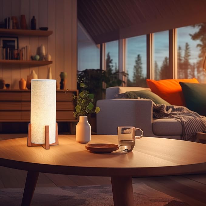 KUNJOULAM Modern Table Lamps, Nightstand Lamp with Linen Fabric Shade Brown Wooden Base, 13.9" Cylinder Bedside Table Lamp for Bedroom, Cafe, Living Room Home Decor - Bloomnest