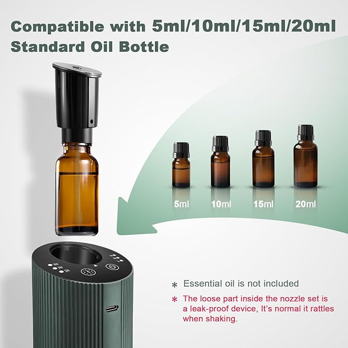 Waterless Essential Oil Diffuser with 4 Timer (1/3/6H & Off) & 3 Mist(L/M/H), Air Scent Diffuser for Home Car Office, Rechargeable Aromatherapy Diffuser, Portable Mini Aroma Diffuser, Dark Green - Bloomnest