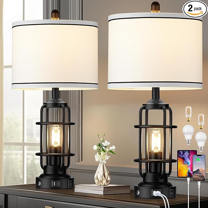 Modern Table Lamps Set of 2, Industrial 3-Way Dimmable Bedside Lamp with USB A+C Ports & AC Outlet, 25" Touch Control Nightstand Lamp LED Night Light for Living Room Bedroom Home(4 Bulbs Included) - Bloomnest