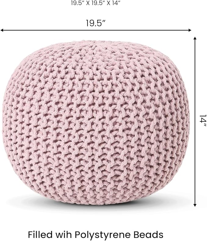 REDEARTH Round Pouf Ottoman - Hand Knitted Boho Poof Home Décor Pouffe Circular Footrest for Living Room - Bedroom - Lounge - 100% Cotton (19.5"x19.5"x14") - Pale Pink - Bloomnest