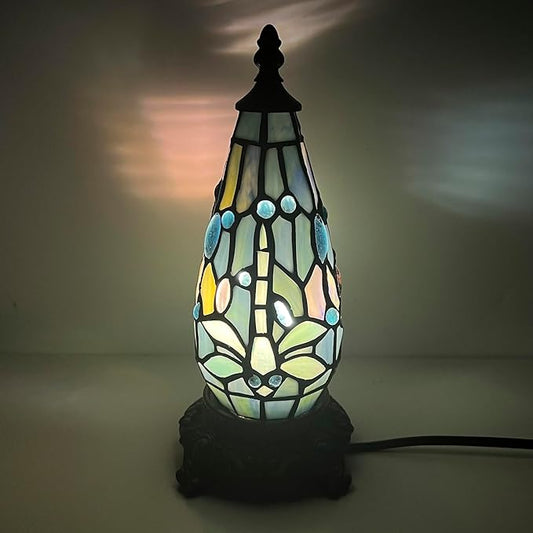 Small Tiffany Lamp Stained Glass Table Lamp 5.5X11 Inch Christmas Tree Lighthouse Mini Accent Memory Sympathy Antique Night Light for Bedroom Living Room (Colorful)