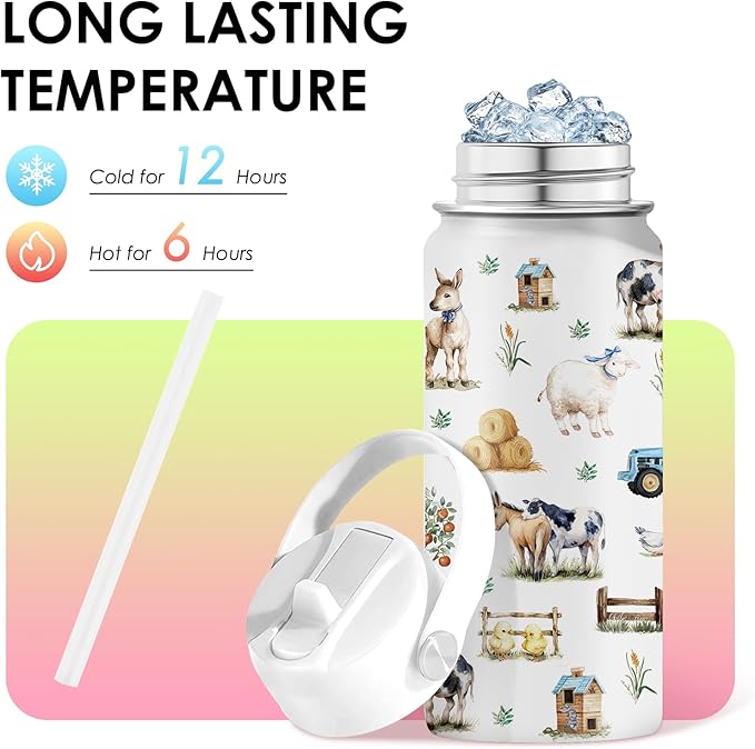 Farm Animal 16 oz Water Bottle with Straw Lid, Stainless Steel Insulated Tumbler, Leak Proof, BPA - Free, Farm Animals Tumbler Gifts for Farmer Gifts for Animal Lovers Birthday, Christmas (1pc) - Bloomnest
