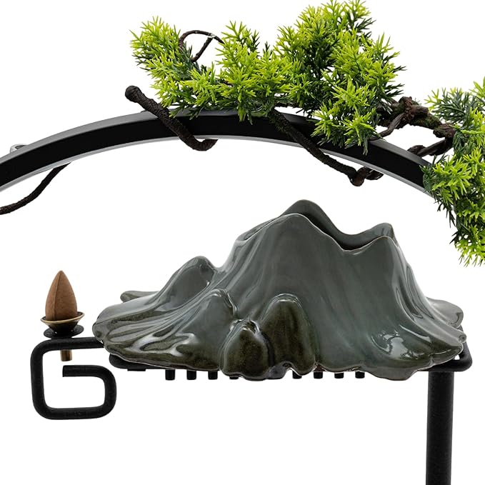 Waterfall Fountain with LED Light, Desktop Water Fountain with Mist Maker & Backflow Incense Burner, Green Ceramic Base with White Deer, Zen Indoor Fountain Decor for Home Office Desk