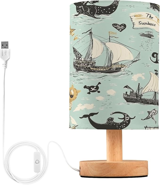 Pirate Maps Vintage LED Table Lamp with USB Port Night Light Bedroom Lamps for Nightstand Living Room Dorm Home Office Desk - Bloomnest