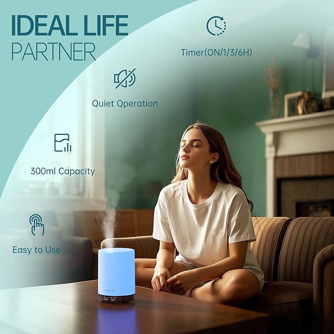 ASAKUKI 300ML Essential Oil Diffuser, Quiet 5-in-1 Premium Humidifier, Home Fragrance Aroma Diffuser with 7 LED Color Changing Light and Auto-Off Switch -Dark Brown - Bloomnest
