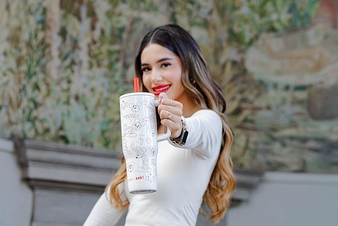 Zak Designs Disney Sutton Travel Tumbler for On the Go, 30oz Stainless Steel with Vacuum Insulation, Silicone Straw, and Carry Handle for Cold Drinks (Mickey Mouse Sketch) - Bloomnest