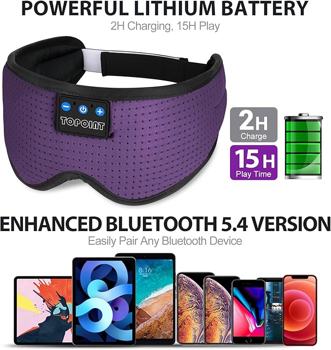 TOPOINT Sleep Mask with Bluetooth Headphones, Breathable Silk Eye Mask for Sleeping Men Women, Bluetooth Sleep Mask Blackout with Speakers, Microphone Handsfree, USB C for Travel Meditation Gifts - Bloomnest