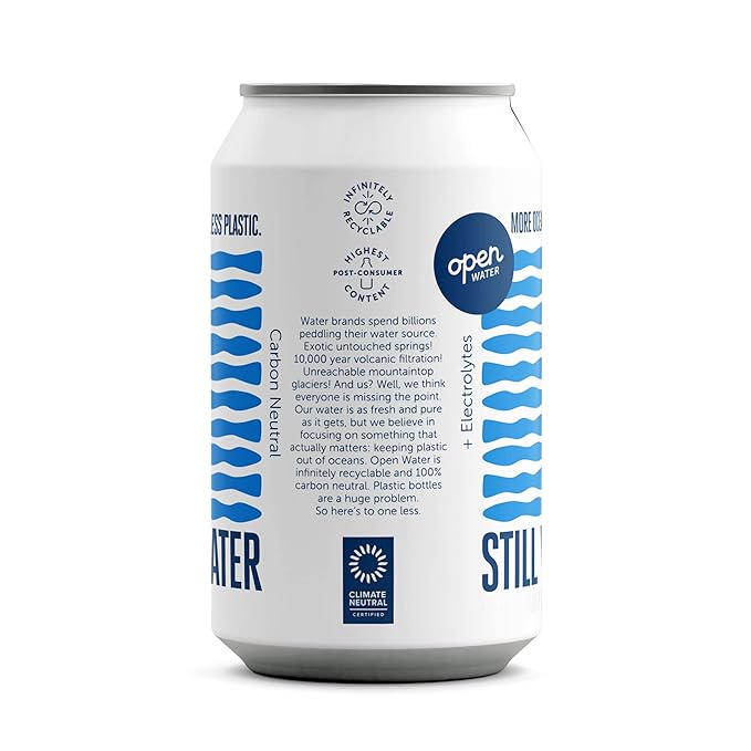 Open Water Still 12oz Cans (4 Cases, 48 Cans) - Sustainable Aluminum Canned Still Water With Electrolytes - 7.0 pH Balanced BPA-Free Ultra-Purified Water