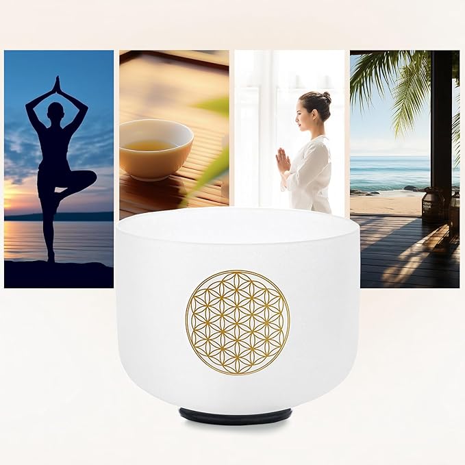 Hye-eun 528HZ 8 Inch C Note Flower of Life Crystal Singing Bowl Sound Healing Meditation Crystal Bowl Sound Bath Bowl Sound Bath Singing Bowl (Gold without bag)