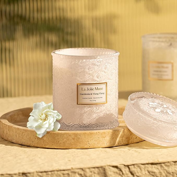 LA JOLIE MUSE Gardenia & Ylang Ylang Scented Candle – Ylang, Tuberose, Orange Blossom |19 oz Large Wooden Wick Candle | Natural Soy Wax | 90 Hours Clean Burn | Gift-Ready for Hosts - Bloomnest