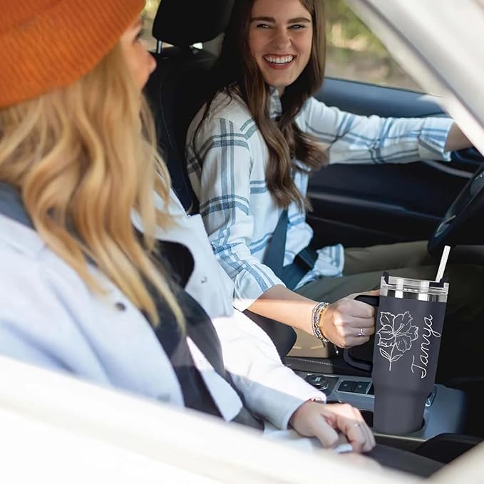 Personalized Tumbler with Birth Month Flower, Custom 40oz Insulated Stainless Steel Tumbler Travel Mug Coffee Cup with Engraved Name and Straw Lid, Personalized Gifts for Women Her - Bloomnest
