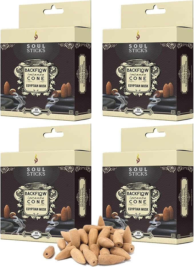 Soul Sticks Backflow Incense Cones – 40 Handmade Organic Cones for Waterfall Burner | 4 Pack Long Lasting Aromatic Scents | Thick White Smoke Incense for Meditation, Yoga & Gifts (Egyptian Musk)