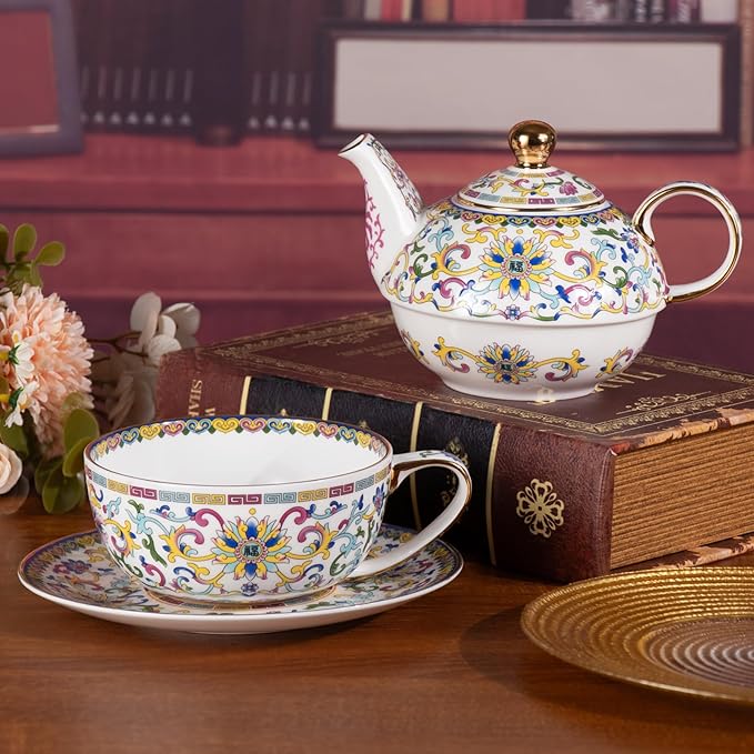 Tea for One, Porcelain Teapot and Cup Set, Vintage Tea Pot and Saucers Set, Ceramic Tea Set for Tea Party, Office and Home, White Tea Cups and Saucer Set for Coffee, Cappuccino, Tea - Bloomnest