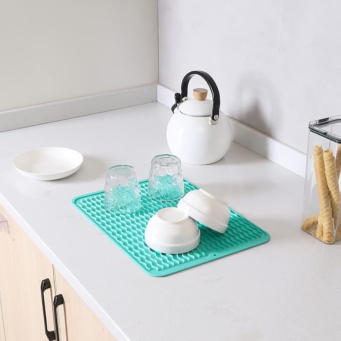 Silicone Dish Drying Mat for Multiple Usage,Easy clean,Eco-friendly,Heat-resistant Silicone Mat for Kitchen Counter or Sink,Refrigerator or drawer liner Mint L 16 inches x 12 inches - Bloomnest