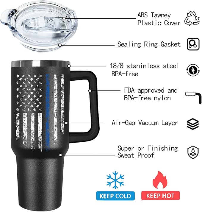 Ceovfoi 40 oz Tumbler with Handle lid and Straw, American Flag Blue Line Stainless Steel Dad Travel Tumbler Cup Mugs,Police Academy Graduation Gifts, Police Gifts for Men Dad - Bloomnest