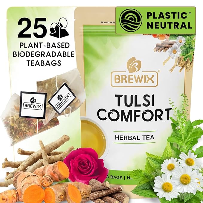 BREWIX, Tulsi Holy Basil Tea Bags (25 Pyramid Bags) | Tulsi Leaves | Holy Basil & Chamomile | Caffeine Free | Herbal Tea Bags | Calming, Fresh and Cool Flavor - Bloomnest