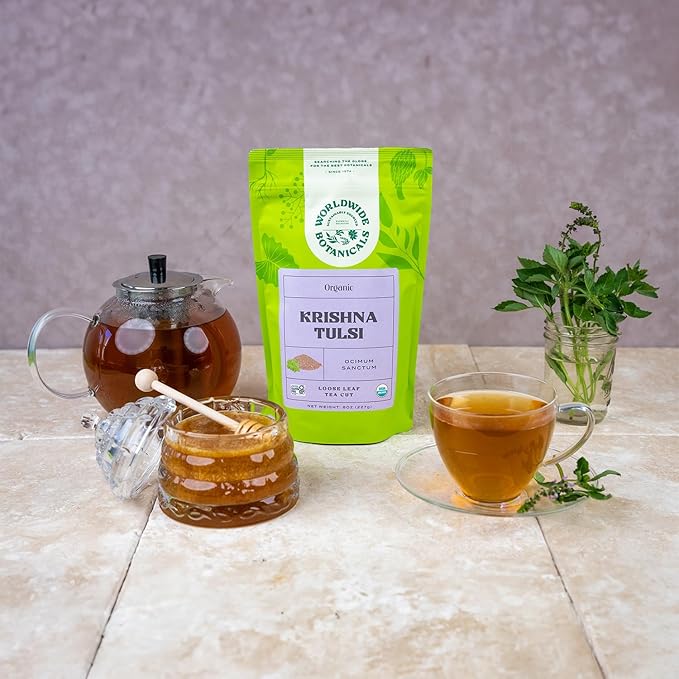Worldwide Botanicals Organic Holy Basil Tea, 8oz - Tulsi Krishna - Loose Leaf Premium Herbal Tea, 100% Pure Tulsi Holy Basil, Fair Trade, Adaptogenic, Kosher - Bloomnest