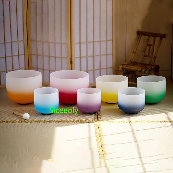 432HZ Crystal Singing Bowls Chakra Set of 7 Color 7-12" Frosted Quartz Sound Singing Bowls Set of 7 with 2 Travel Carry Cases Bags 2 Mallets Suede 2 Strikers 7 O-rings - Bloomnest