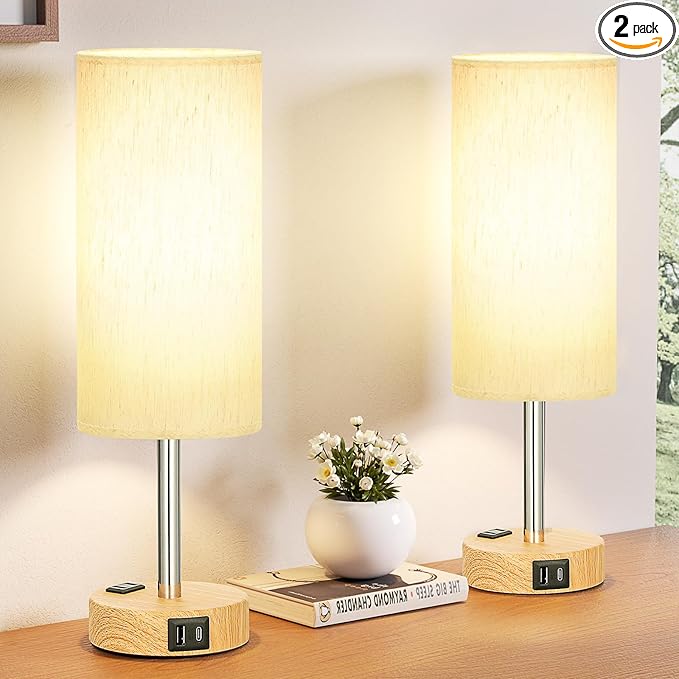 Fenmzee Small Touch Table Lamps Set of 2-3-Way Dimmable, USB A + C Charging, AC Outlet, Wood Grain Base, Bulbs Included - Bloomnest