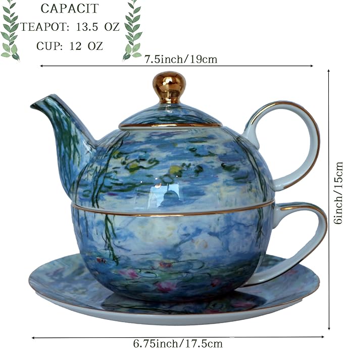 Porcelain 13 OZ Tea for One Teapot and Cup Set Vintage Floral Ceramic Tea Set European Style Tea pot and Saucer Set (Water Lily) - Bloomnest
