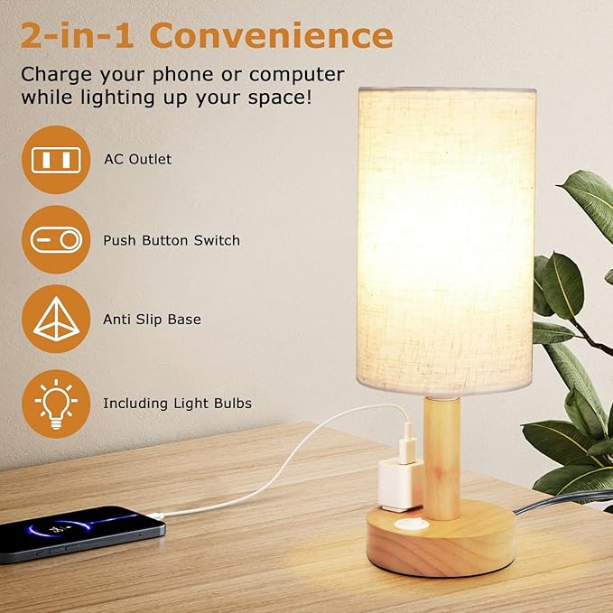 Small Bedside Table Lamp with AC Outlet, Natural Wood Base & Linen Shade, Mini Cute Cozy Warm White Nightstand Boho Lamp, Study Desk Night Stand Light for Bedroom, Kitchen, Nursery, Living Room - Bloomnest