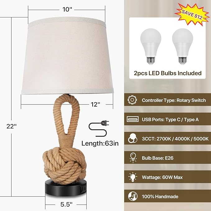 22" Rope Lamps for Night Stands, Bedside Lamps Set of 2, Boho Table Lamps for Living Room End Tables, 3-Color Temperatures Boho Lamp with Rotary Switch, Rattan Lamp with USB Ports, Bulbs Included - Bloomnest