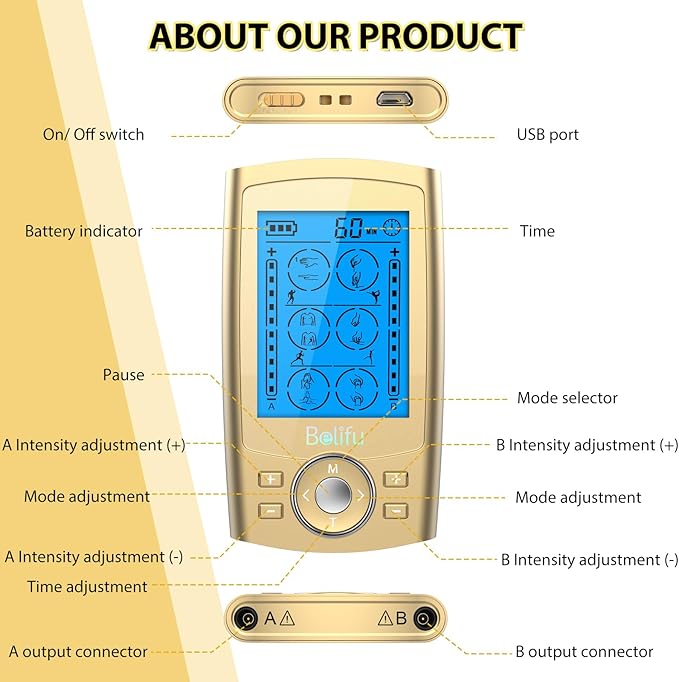 Belifu Dual Channel TENS EMS Unit 24 Modes Muscle Stimulator for Pain Relief Therapy, Electronic Pulse Massager Muscle Massager with 10 Pads, Dust-Proof Drawstring Storage Bag, Fastening Cable Ties Belifu