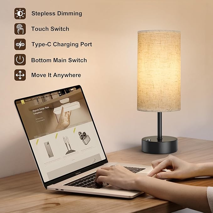 ROTTOGOON Cordless Table Lamp Touch Control Dimmable Small Bedside Table Lamps with Oatmeal Fabric Shade 5000mAh Rechargeable Battery Powered Desk Lamp for Bedroom,Home,Office,Dorm-Black - Bloomnest