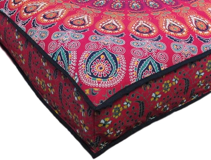 INDIAN CRAFT CASTLE 24" Red Peacock Mandala Barmeri Large Floor Pillow Cover Cushion Meditation Seating Ottoman Throw Cover Hippie Decorative Zipped Bohemian Pouf Ottoman Pom Pom Cases 24" Square - Bloomnest