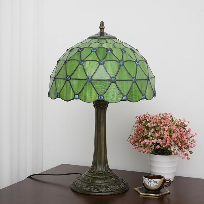 Green Tiffany Lamp For Bedrooms Bedside Stained Glass Table Lamp Farmhouse Lamps Night Stands Retro Traditional Nightstand Desk Decor Blue Beads Side Living Room End Desk Reding Lighting 12x12x19 Inch - Bloomnest