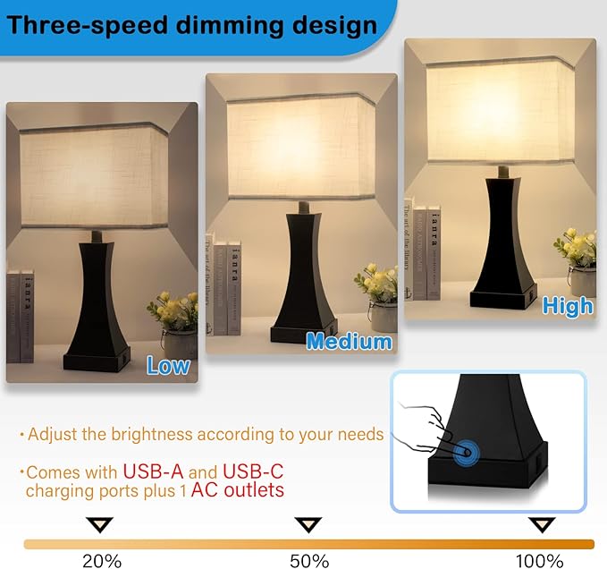 Set of 2 Touch Control Table Lamps 21.6" 3-Way Dimmable Bedside Nightstand Lamp with Type C/USB Charging Port & Outlet Desk Lamp for Living Room Bedroom Office and Hotel Bulb Included - Bloomnest