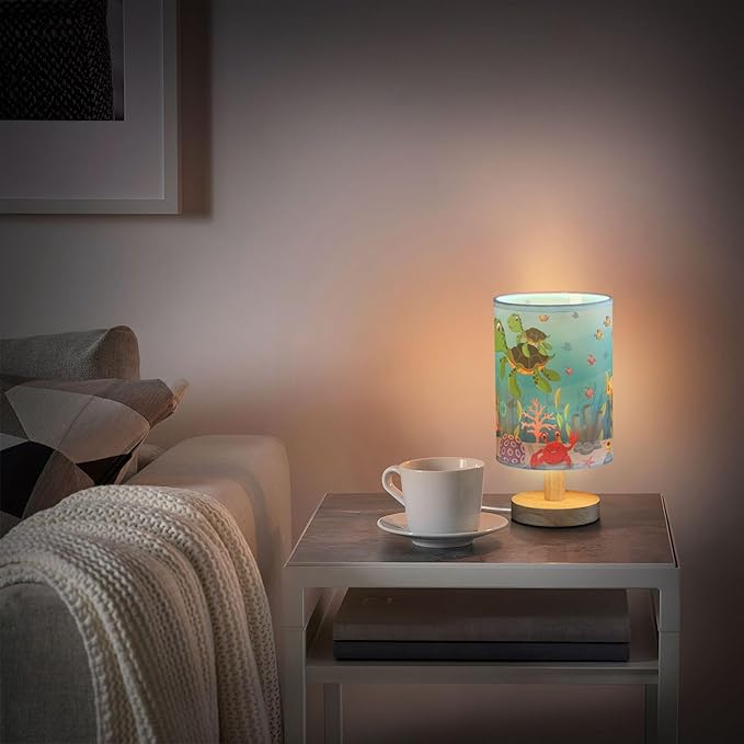 Table Lamp Colorful Underwater Sea Turtle Octopus Crab Fish Coral Aquatic Nightstand Lamp with Wood Base Fabric Lamp Shade Bedside Desk Lamp for Living Room Bedroom Kids Room Office - Bloomnest