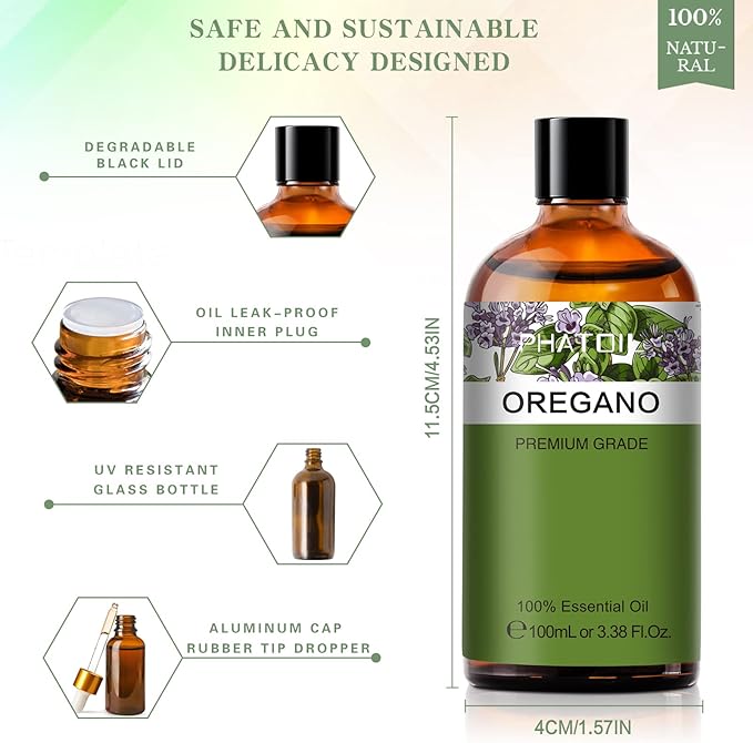 Oregano 3.38fl.oz Essential Oil, PHATOIL Pure Aromatherapy Oils for Diffuser, Humidifier, Perfect for DIY Soap, Candle, Bath Bombs Making(100ml) - Bloomnest