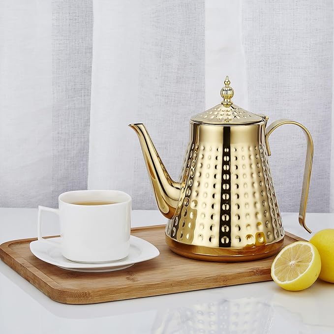 SANQIAHOME 1.6L(54oz) Stainless Steel Hammer Patterned Teapot With Removeable Infuser,Loose leaf cover,Gold - Bloomnest