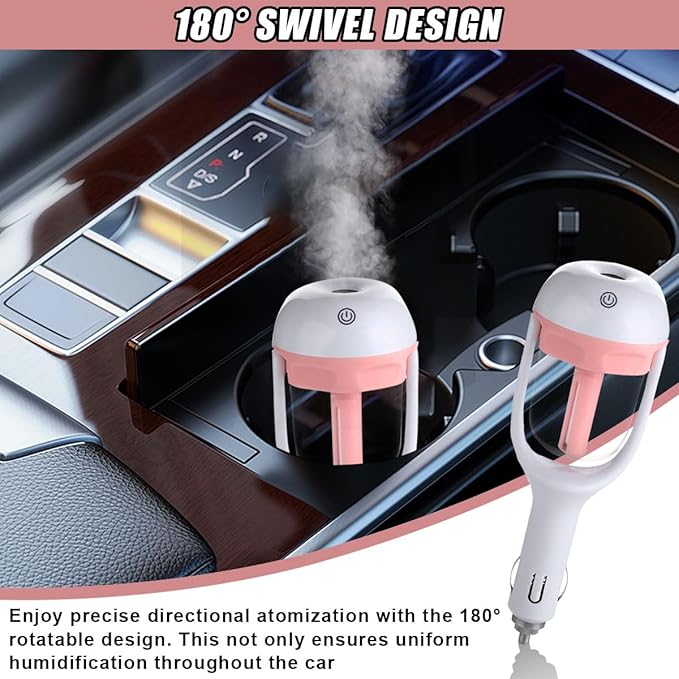 Car Humidifier, Portable Mini Aromatherapy Essential Oil Diffuser, 180-Degree Rotation Cool Mist Humidifier, Vehicle Air Freshener Diffuser with 12V Charging Port for Home Office (Pink) - Bloomnest