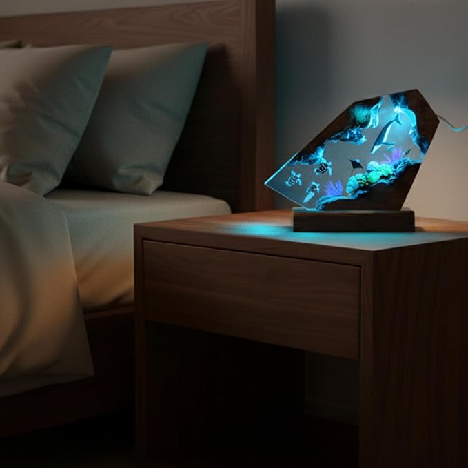 Handmade 3D Ocean Resin Lamp, Epoxy Ocean Night Light with Wooden Base, LED Color Changing Table Lamp, USB Powered Dragons Decor, Unique Ocean Gift for Bedroom & Home Office (Penguin) - Bloomnest