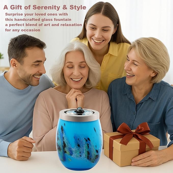 VOREEN Handblown Glass Tabletop Fountain - Art Glass Indoor Fountain with Color-Changing Glow - Artistic Indoor Water Feature with Optional Aromatherapy for Home, Spa, Office Décor - Blue - Bloomnest