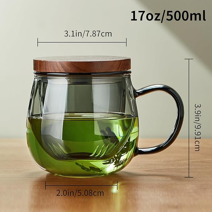 17 OZ Glass Tea Cup with Infuser and Lid, 500 ML Large Borosilicate Teacup, Clear Mug for Loose Leaf Tea, Blooming Tea, Tea Bags - Perfect Christmas or Birthday Gift for Women - Bloomnest