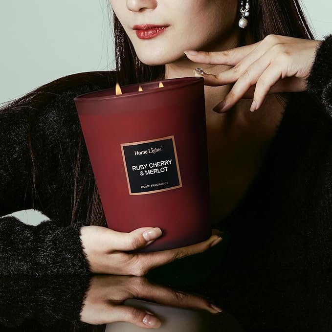 HomeLights Scented Candles - Large Jar Aromatherapy, Natural Soy Wax, 130 Hour Long Burning, Ruby Cherry & Merlot - Bloomnest