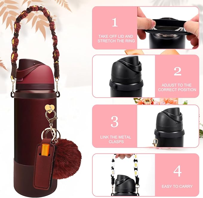 Compatible for Owala Accessories Bundle: Silicone Boot for 24oz & 32oz Bottles, Charms, Handle, Strap, Rubber Bottoms, and Decorative Add-ons for Your Compatible for Owala Water Bottle, Black Cherry Bloomnest