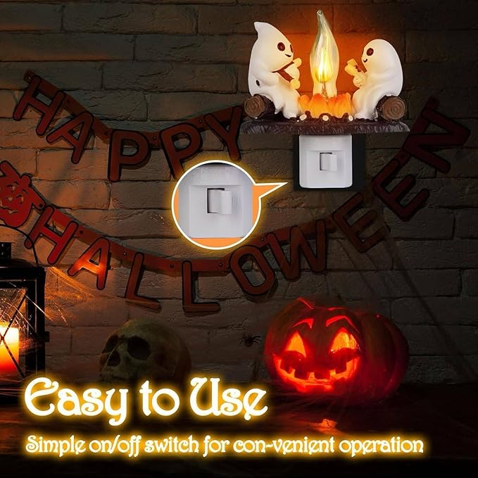 Ghost Campfire Night Light, White Plastic, LED Flickering Flame Effect, Indoor Decorative Wall Plug-in, Spooky Decor for Kids Bedroom - Bloomnest