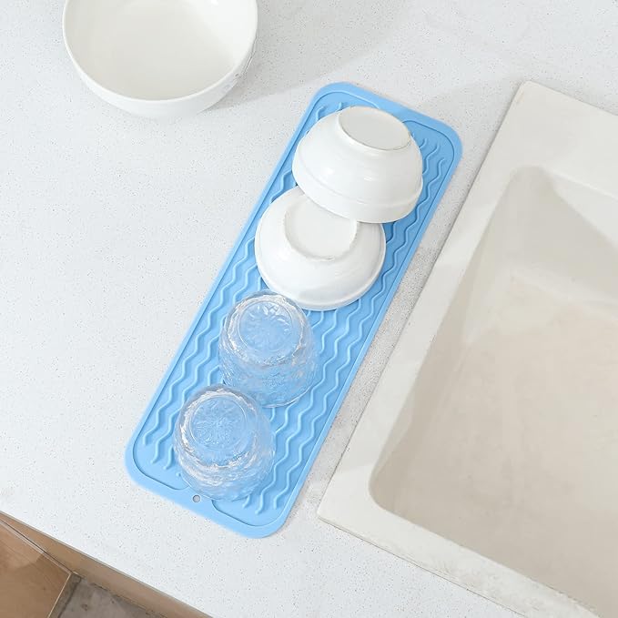 Silicone Dish Drying Mat for Multiple Usage,Easy clean,Eco-friendly,Heat-resistant Silicone Mat for Kitchen Counter,Sink,Bar,Bottle,or Cup Light Blue M 17 inches x 6 inches - Bloomnest