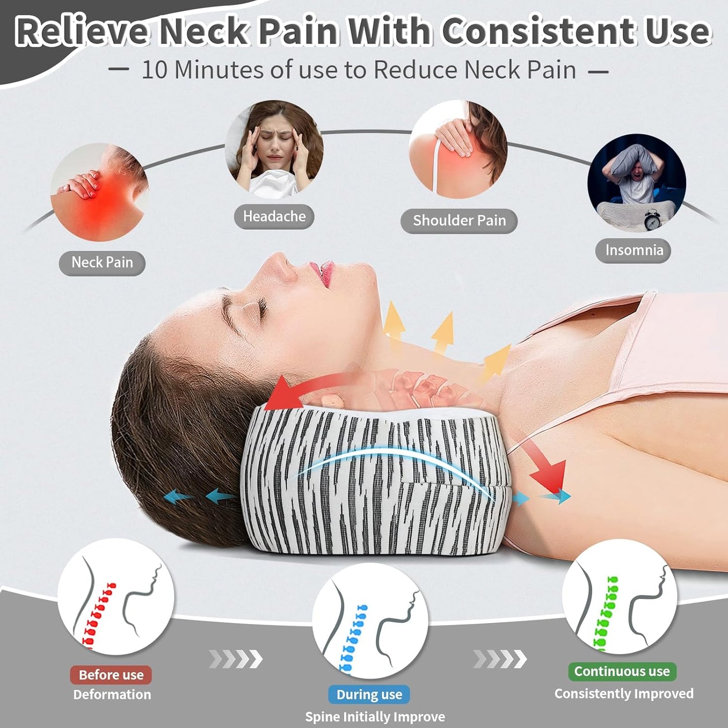 Neck Support Pillow, Cervical Neck Roll Memory Foam Pillow, Cervical Traction Device, Neck Pillow for Side Sleepers, Camping & Travel Pillow with Portable Bag