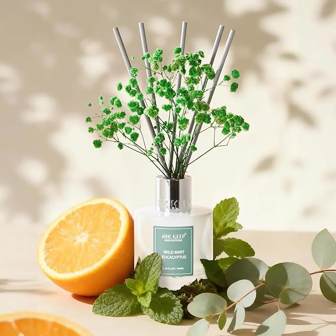 Airkeep Reed Diffuser Set,3.38 fl oz (100 ml) - Wild Mint&Eucalyptus Oil Diffusers with 8 Reed Sticks, Home Fragrance Reed Diffuser for Bathroom Shelf Decor - Bloomnest